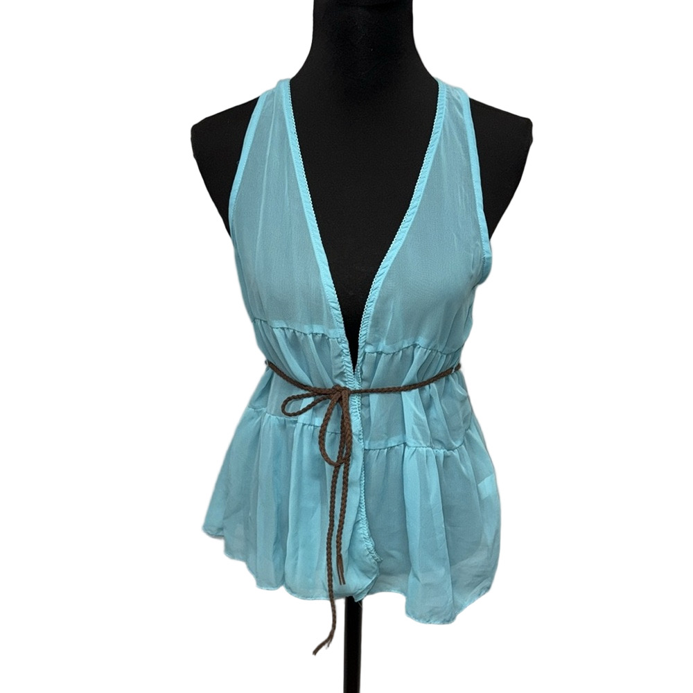 Self Esteem XL Aqua Blue Tie Front Sleeveless Vest Sheer Boho Layering